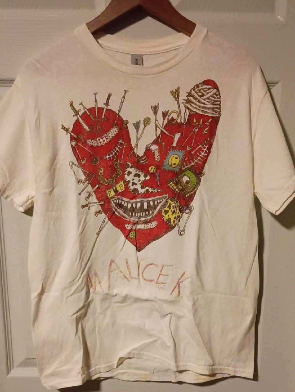 Gildan White Short Sleeve Tee with Red Heart Patchwork Graphic